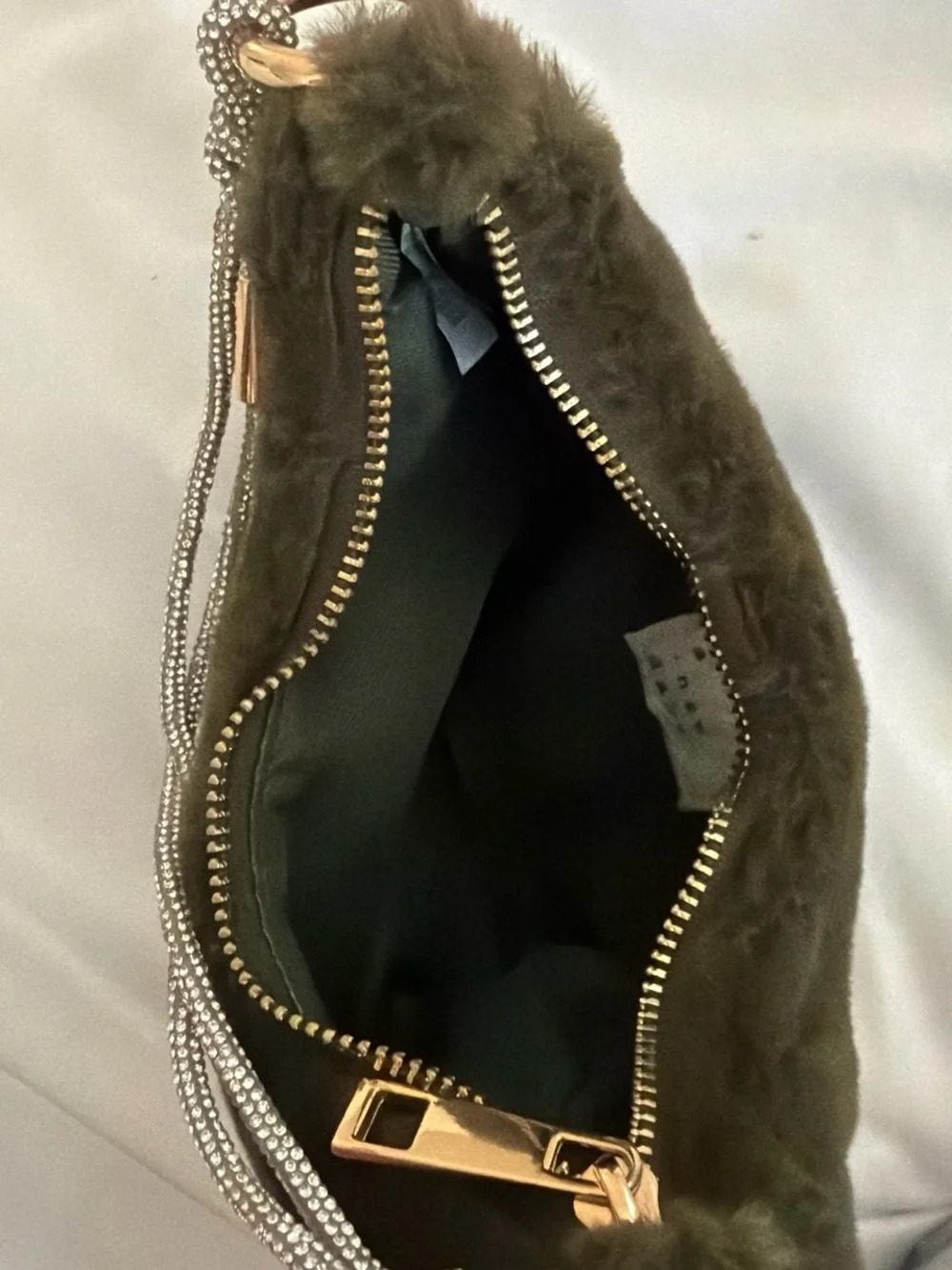 Olive Faux-Fur Shoulder Bag with Gold Rings